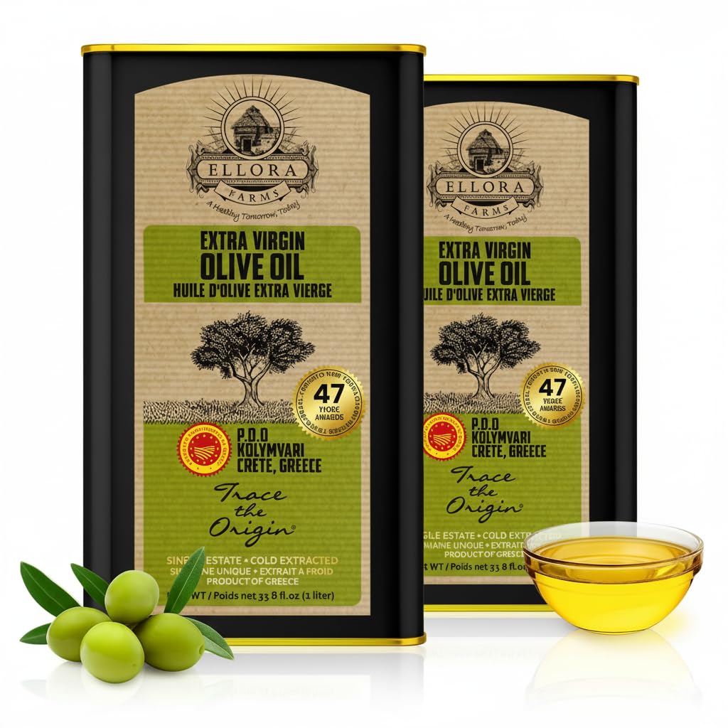 Ellora Farms Olive Oil Extra Virgin, Traceable & Certified PDO Polyphenol Rich Extra Virgin Olive Oil Cold Pressed, Global Gold Awards, Kosher, Single Origin from Crete, Greece 33.8 Fl oz, Pack of 2