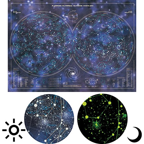 Póster Planisferio luminiscente - 68 cm x 48 cm - Brilla en la oscuridad - Glow in the dark - Estrellas y Galaxia del mapa estelar resplandeciente - Melquiades Original