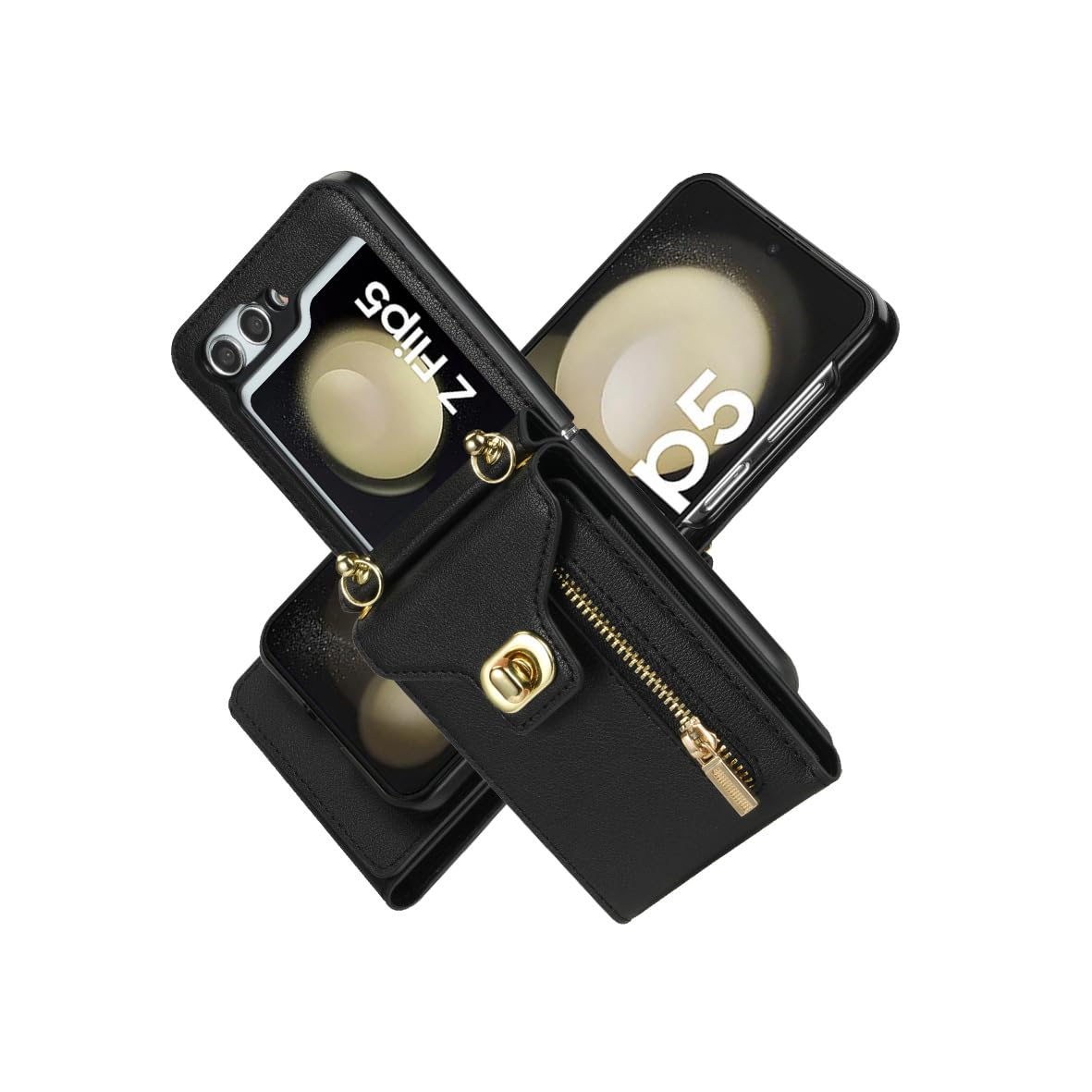 Etui na karty do Samsunga Galaxy Z Flip 5, etui z zamkiem błyskawicznym na ramię, skórzane etui z regulowanym paskiem na ramię, czarne