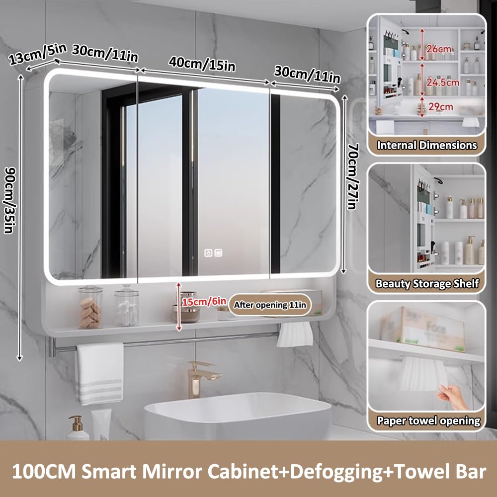 Armadietto a specchio da bagno a 3 ripiani con luce LED e barra portasciugamani, portaoggetti da parete in alluminio per cosmetici e pannolini, ideale per trucco e rasatura