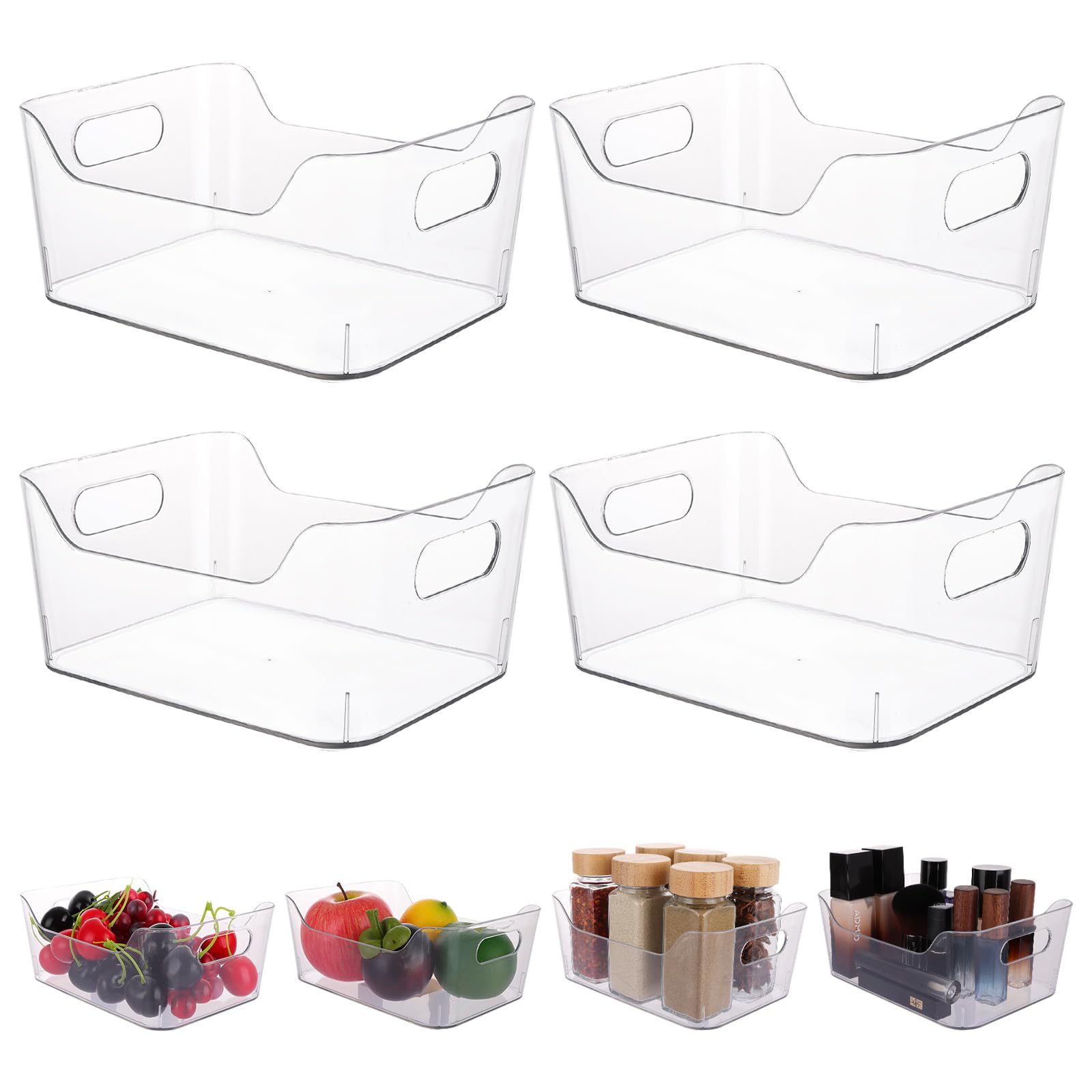 ASelected 4PCS Clear Plastic Storage Organisers Fridge Storage Box with Handles Design Drawer Trays for Desk, Makeup , Kitchen Pantry Cabinet, Cupboard (19.7x13.9x7.7CM)