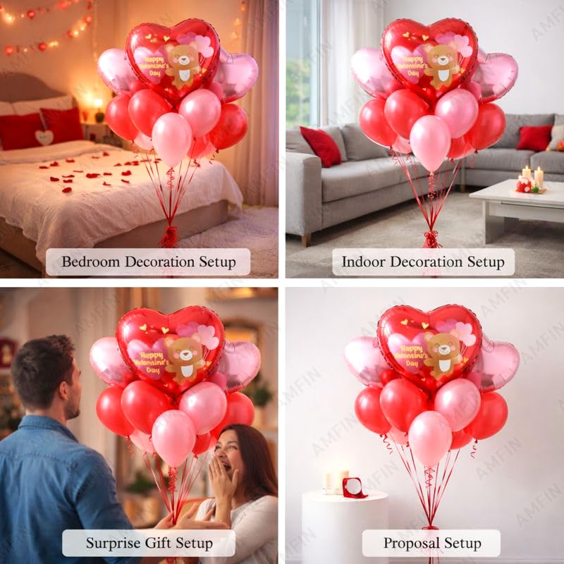 Image of AMFIN (Pack of 9) Happy Valentine's Day Balloon Decoration Set | Romantic Heart Foil Bouquet Metallic Helium Bunch Proposal Anniversary Celebration Party Decor - Red Teddy