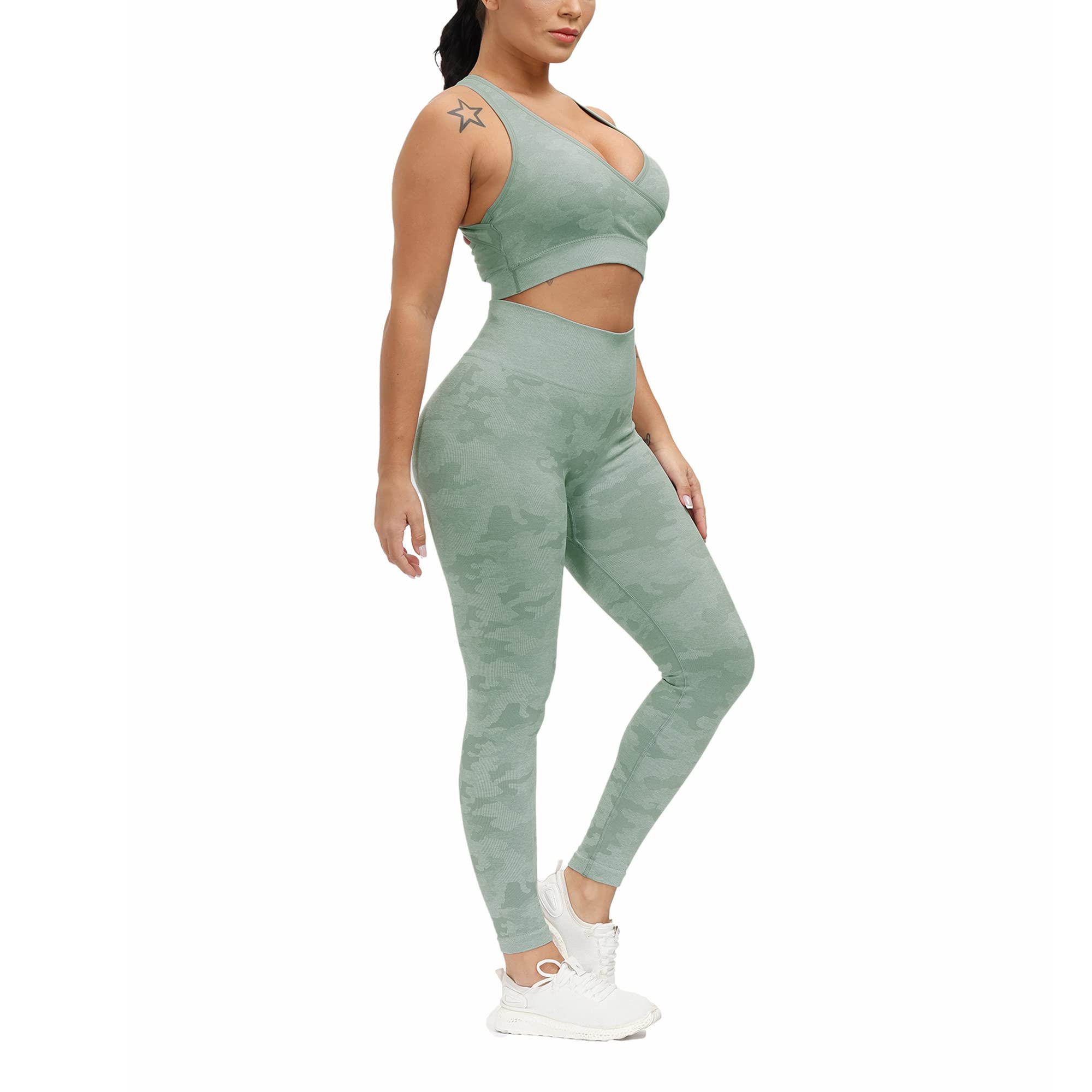 SweatyShark Women's Workout Outfit Set Active 2 Pieces Camo Seamless Yoga Leggings with Paded Sports Bra Racer Back A Green