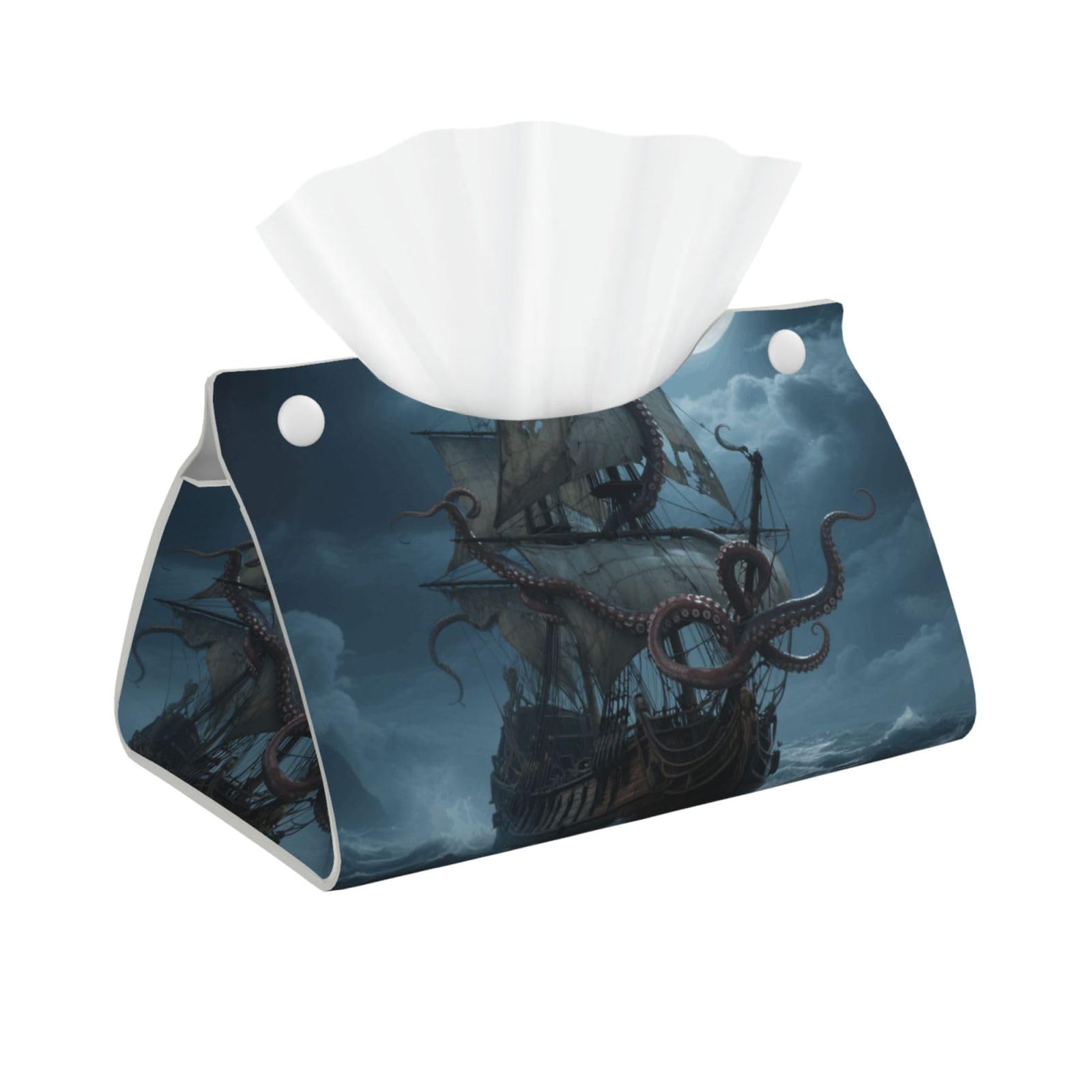 Pu Leather Tissue Box Cover, Octopus Kraken Pirate Ship Ocean Rectangle Tissue Case Covers Decorative Tissue Box Holder Waterproof Tissue Holder Organizer for Bathroom Home Office