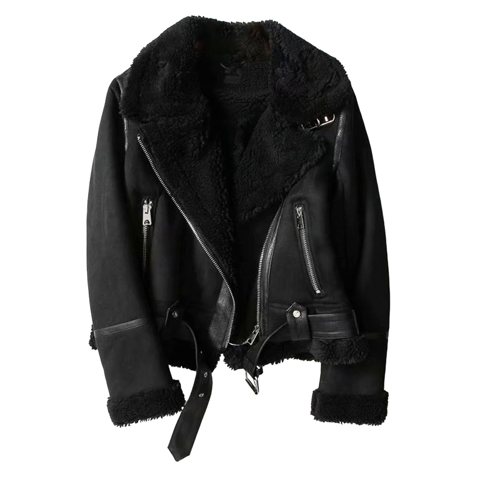 Veste en similicuir pour femme, parka épaisse doublée avec fermeture éclair et poches