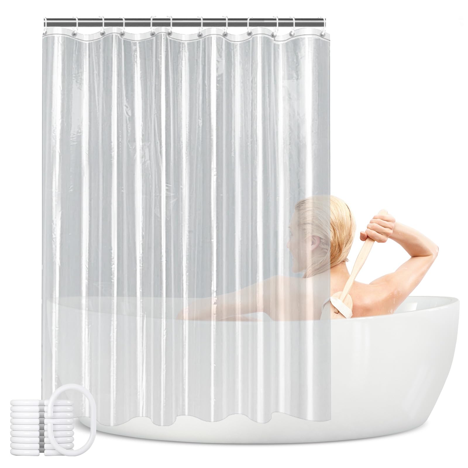 Cortina de ducha de plástico impermeable impresa PEVA con diseño, ojales inoxidables, cortina de bañera para baño (transparente, 150 x 180 cm)