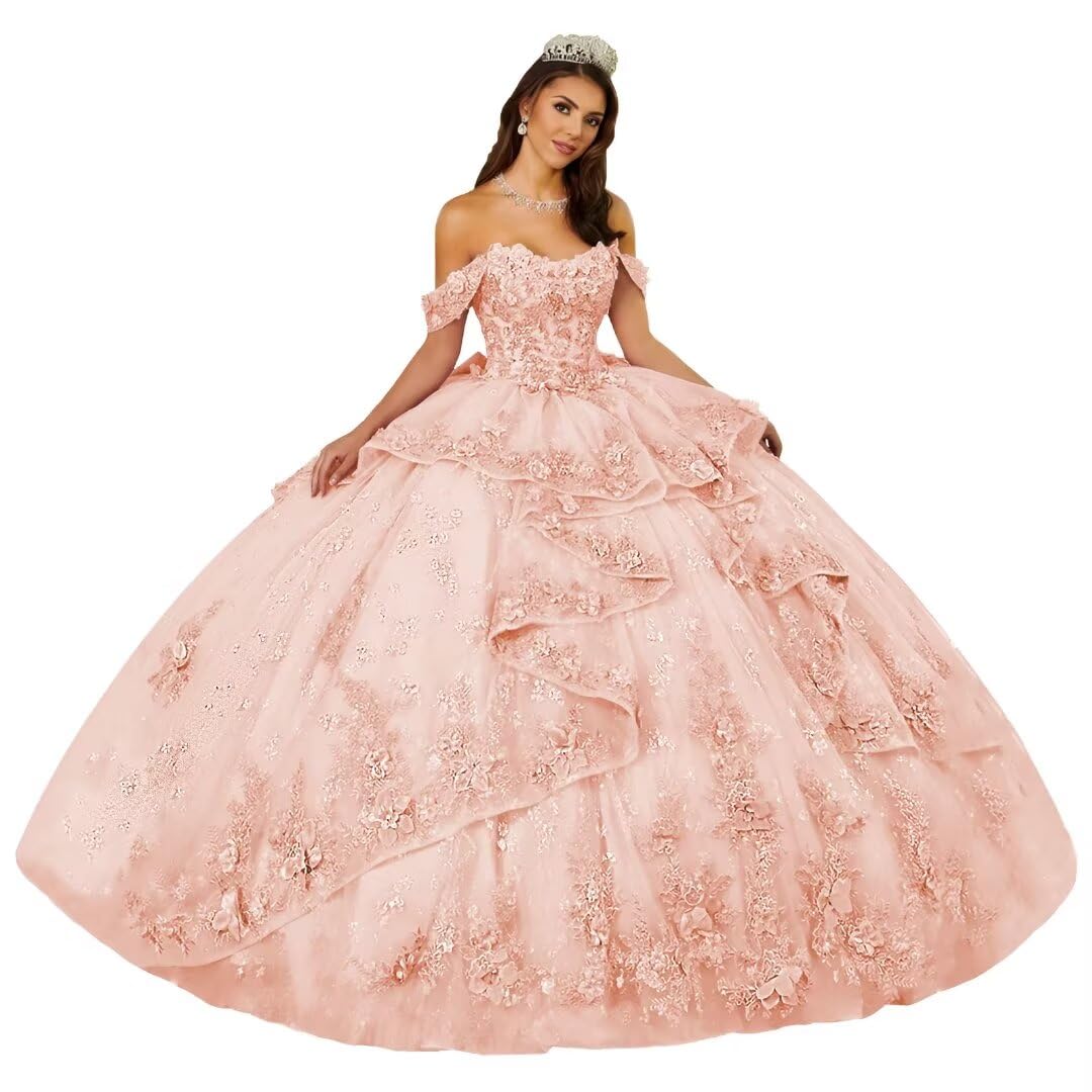 DXUOPL 3D Flowers Lace Appliques Quinceanera Dresses Beaded Ruffles Ball Gown Off Shoulder Puffy Tulle Sweet 16 Dresses