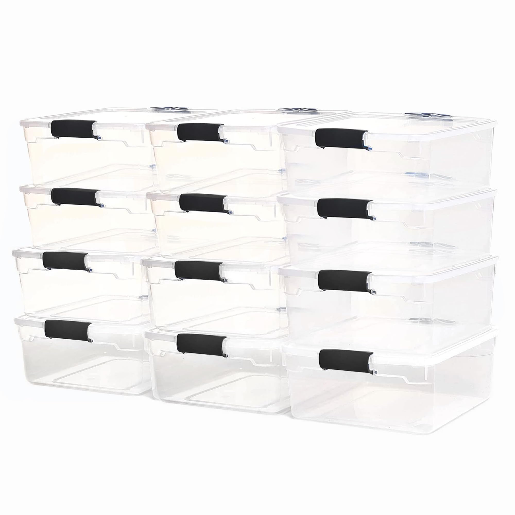 HOMZ 12-Pack Secure Latch, Clear Plastic Storage Organizer Bins, 15.5 Quart, Gray Latches - Stackable Organizing Containers for Home, Garage, and
