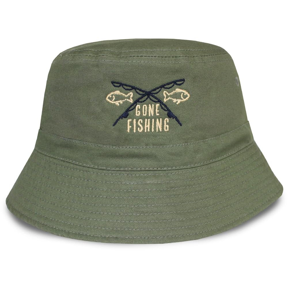 TeddyT's Men's Gone Fishing Khaki Green Cotton Bucket Hat (Large/Extra Large)