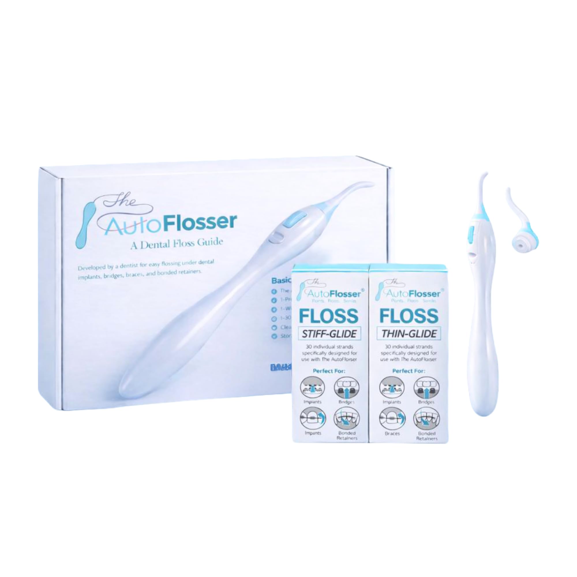 The AutoFlosser Threader Dental Floss Handle Kit - Dentist Designed Manual Flosser with Ergonomic Handle for Implants Bridges