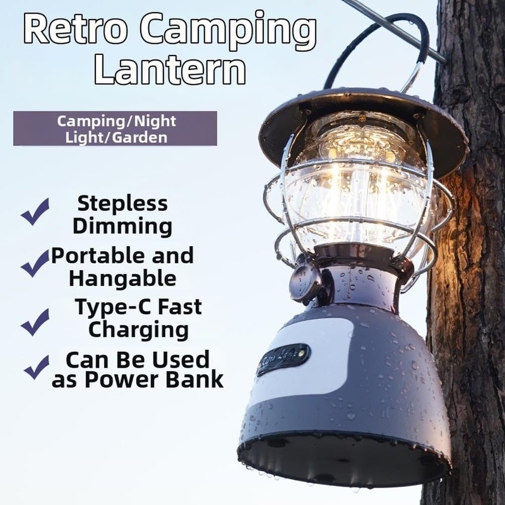 Eawfgtuw Linterna LED de camping con batería de 5200 mAh, luz de tienda regulable para senderismo al aire libre, banco de energía de puerto de carga rápida, lámpara de filamento retro, mango de gancho