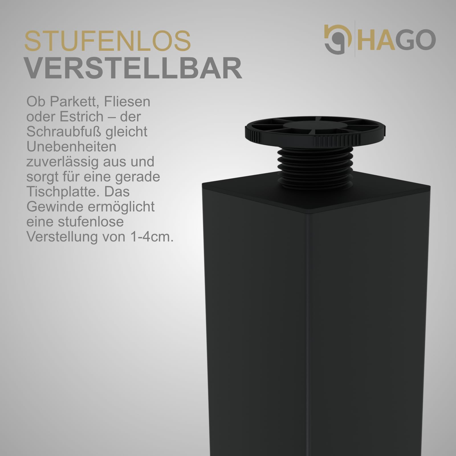 HAGO24 | Tischbeine 4er Set | höhenverstellbar | 90cm | 8x8cm | Couchtischbank | DIY Möbelfuß | Stahl | Schwarz | Schraubfüße | Montageplatte | 500kg