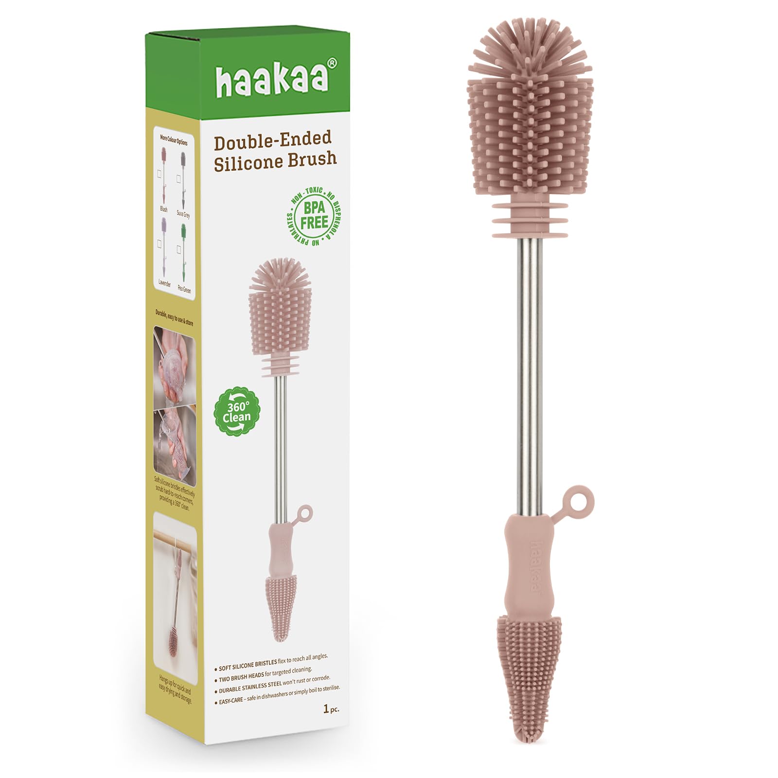 Haakaa Pink Silicone Baby Bottle & Teat Cleaning Brush, Dual-Ended Soft Bristle Brush For Breast Pump Parts, Milk Collectors, Reusable Straws & Sippy Cups,
