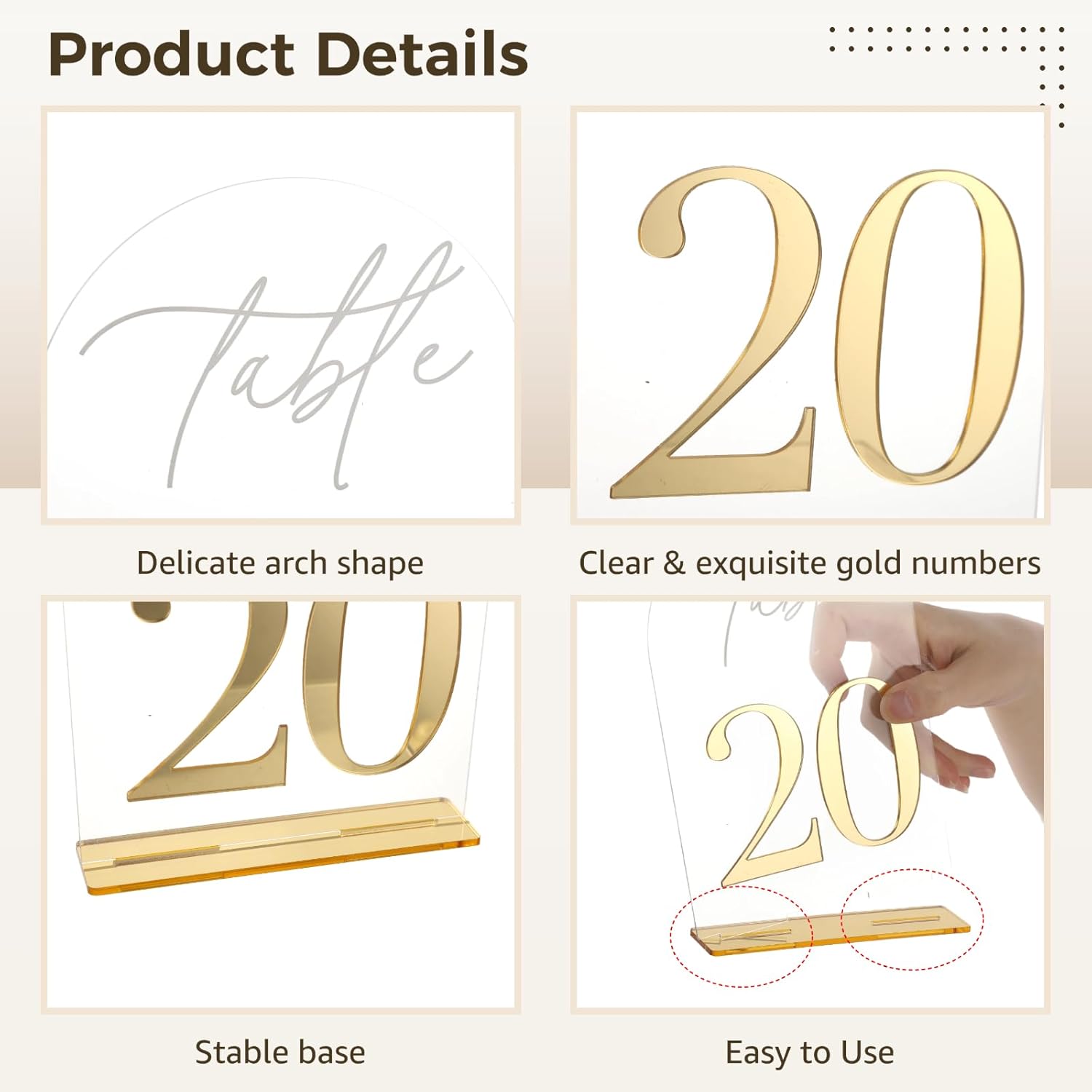 20 Pcs Wedding Table Numbers, Acrylic Arch Table Number Signs, 1-20 with Base, 7.1 x 4.7 in Large Size, Elegant Decoration for Wedding Receptions, Parties, and Banquets