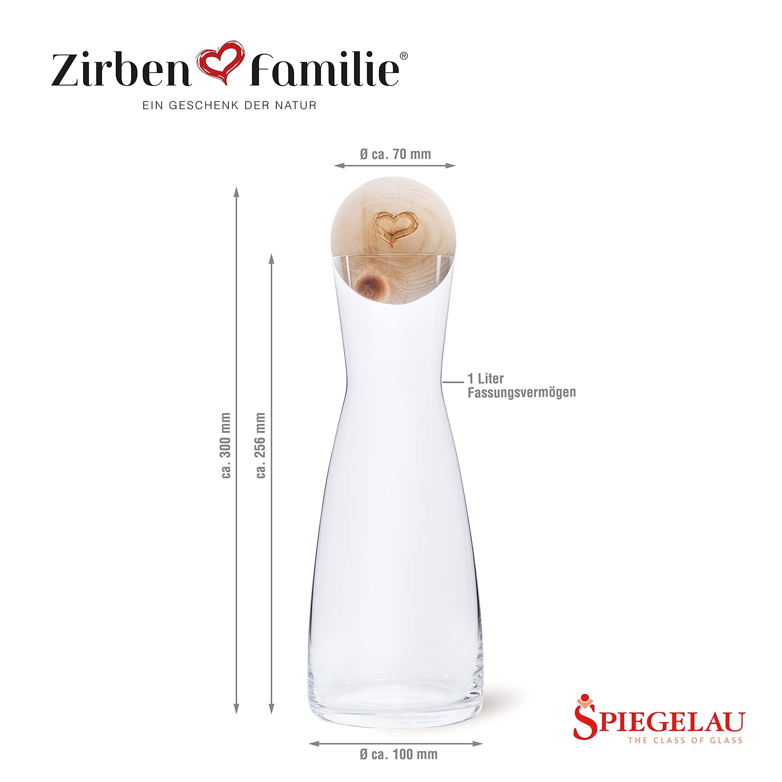 Zirben Familie El juego original de bolas de pino cembro incluye jarra de agua | confiere al agua un toque especial | jarra de 1 litro de cristal con tapa de madera de pino | edición de corazón