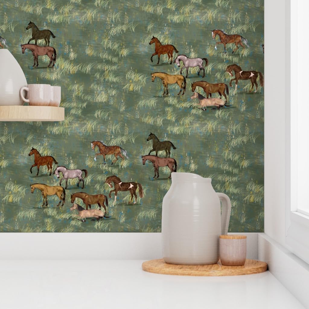 Removable Wallpaper 3ft x 2ft - Wild Horses Green Brown Horse Landscape Equestrian Field Pony Custom Pre-Pasted Wallpaper by Spoonflower