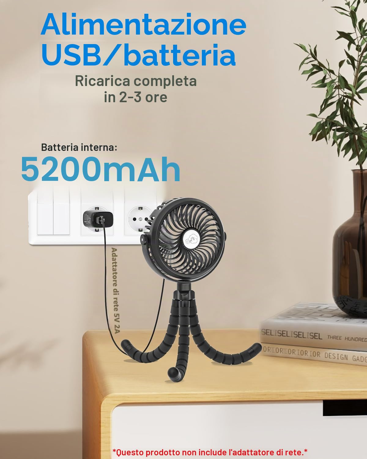 Migliorato Ventilatore USB 5200 mAh, 3 Velocità Silenzioso per Passeggino | Ventilatore a Mano Regolabile a 360°, Mini Ventilatore da Tavolo da Campeggio Portatile 24 ore, Ø13cm