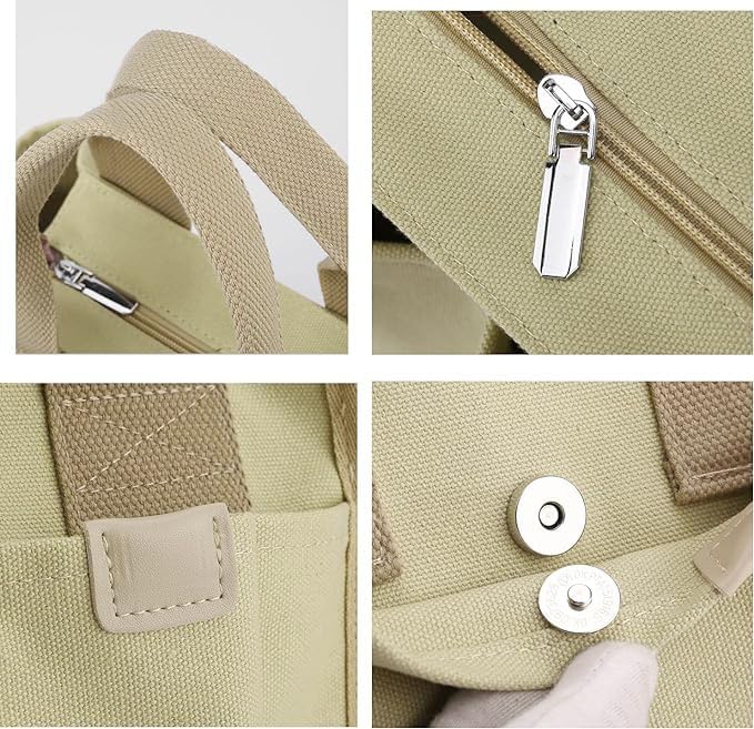Small Canvas Tote Bag with Zipper, Canvas Multi-Pocket Crossbody Bag Purse Top Handle Satchel Handbags - Image 6