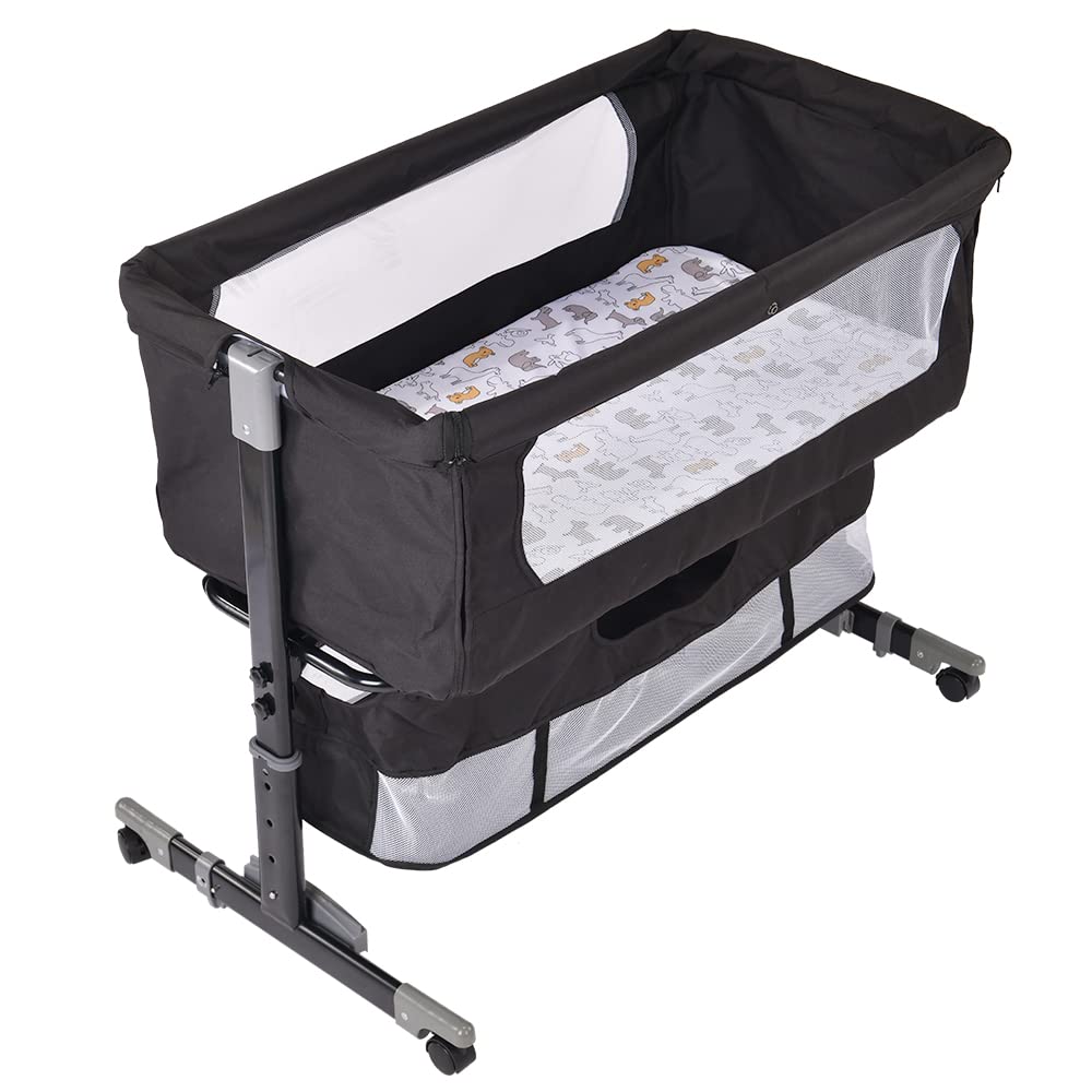 Lettino multifunzionale e box 4 in 1, per bambini fino a 45 kg di peso corporeo, Lettini convertibili Culla con Materasso, con materasso, cinghie di fissaggio,per Neonati e Bebe,92*58*70-90 cm-nero