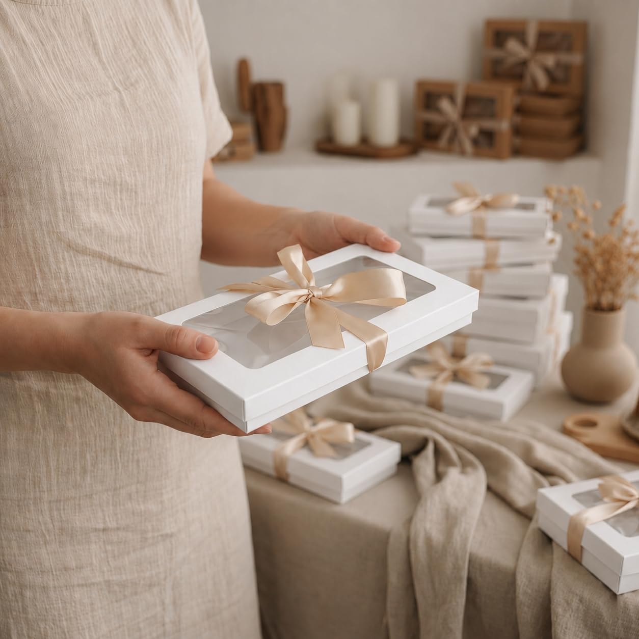 Emartbuy 36 Stück weiße Geschenkboxen Klarsichtfenster klein schmal 21x12,5x2,5cm | Mit goldfarbenem Satinband, recycelbare Kraft-Geschenkbox für Geschenkkörbe, Leckereien, Hochzeiten und Gastgeschenke