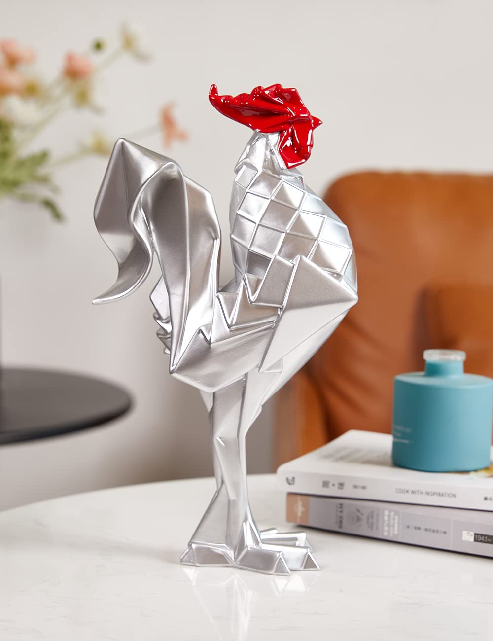 Gallo Statua Scultura Animale Figurina Statuetta Casa Decorazione Regali Moderna Soprammobili Ornamento Ceramica Arte Argento 31cm