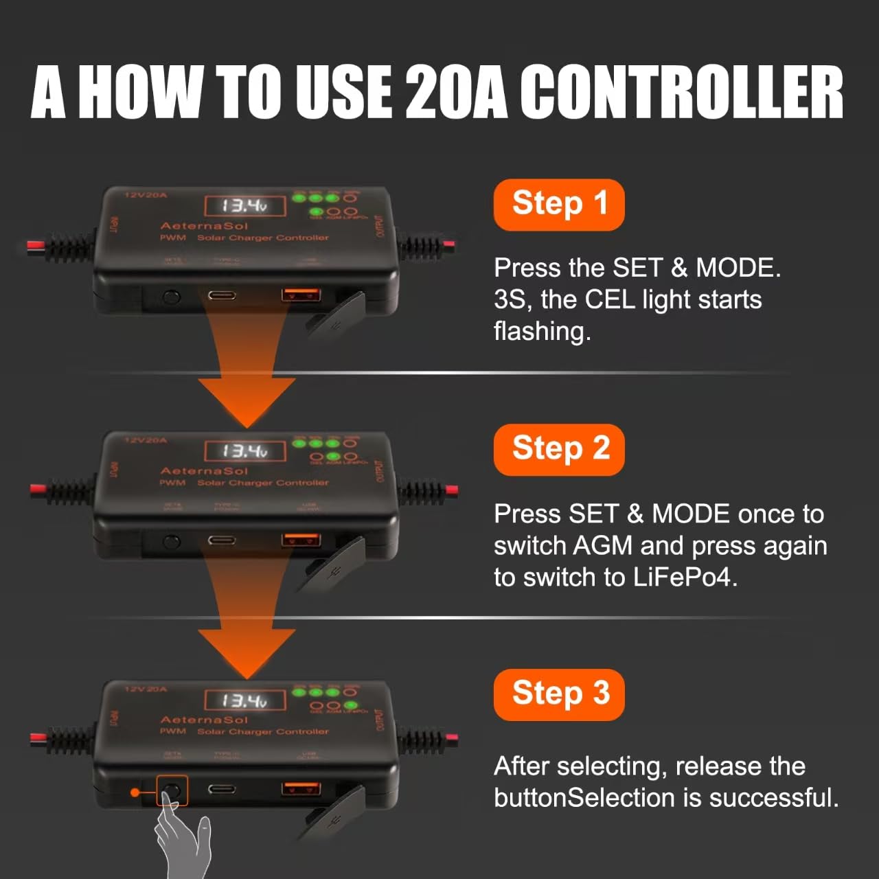 PWM Solar Charge Controller 12V 20A Solar Panel with LCD Display Charge Controller for Gel AGM Lithium LiFePO4 Batteries Charge Controllers Compatible with Type-c and USB（12v/20A） - 4