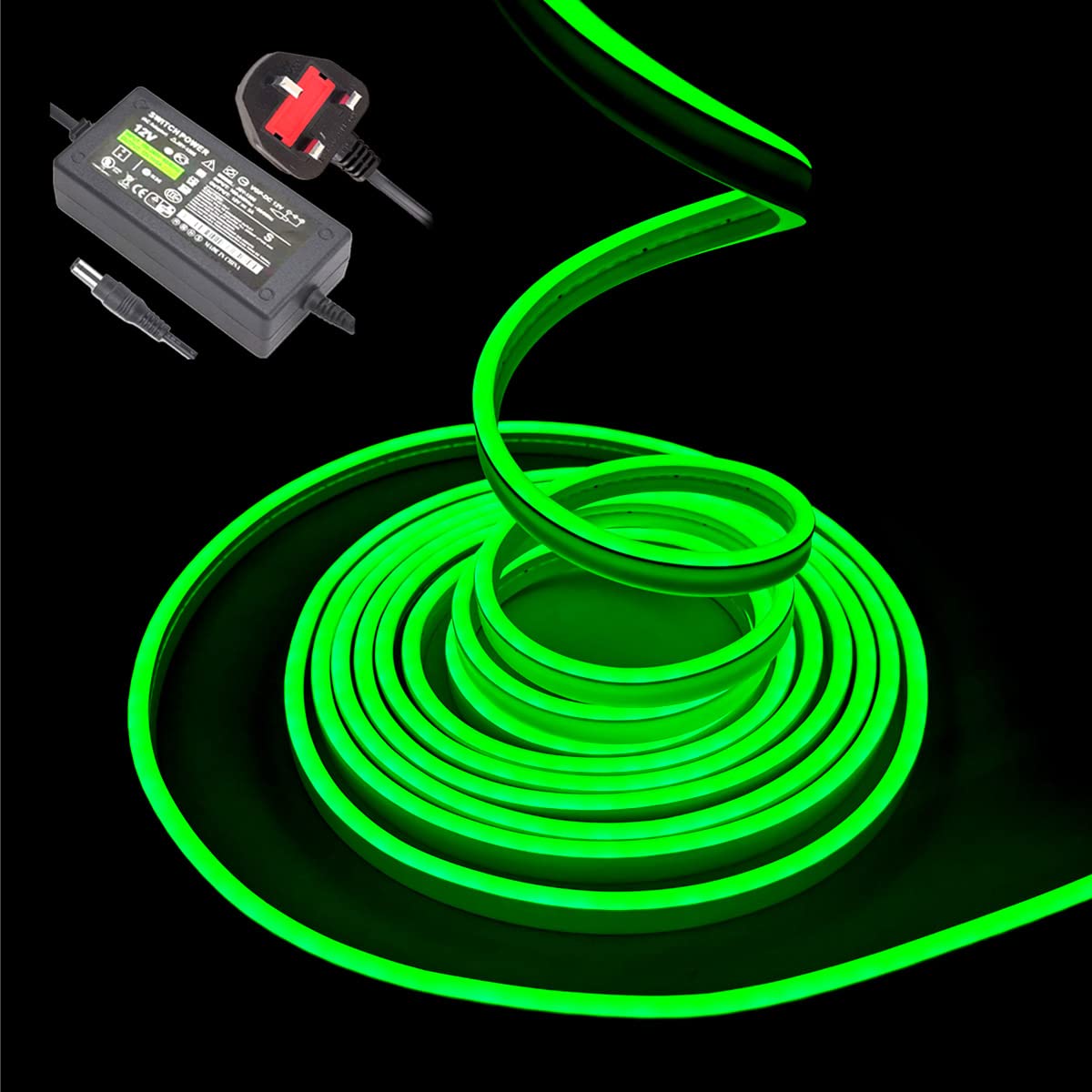 Green neon LED strip lights – 16.4ft/5m 12V DC flexible rope light with 600 high-density SMD2835 LEDs, featuring IP65 waterproof rating for indoor and outdoor decor (includes power adapter).
