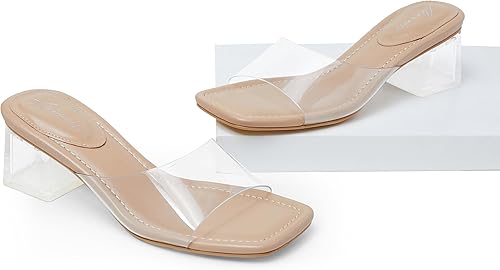 Miniatura 6 de Arromic Sandalias de tacón de bloque para mujer, tacón grueso color negro y blanco claro, sin espalda, puntera abierta, sin cordones, pantuflas de