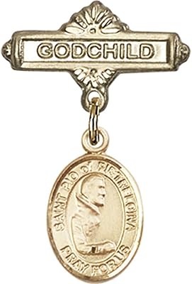 14kt Yellow Gold Baby Badge with St. Pio of Pietrelcina Charm and Godchild Badge Pin 1 X 5/8 inches