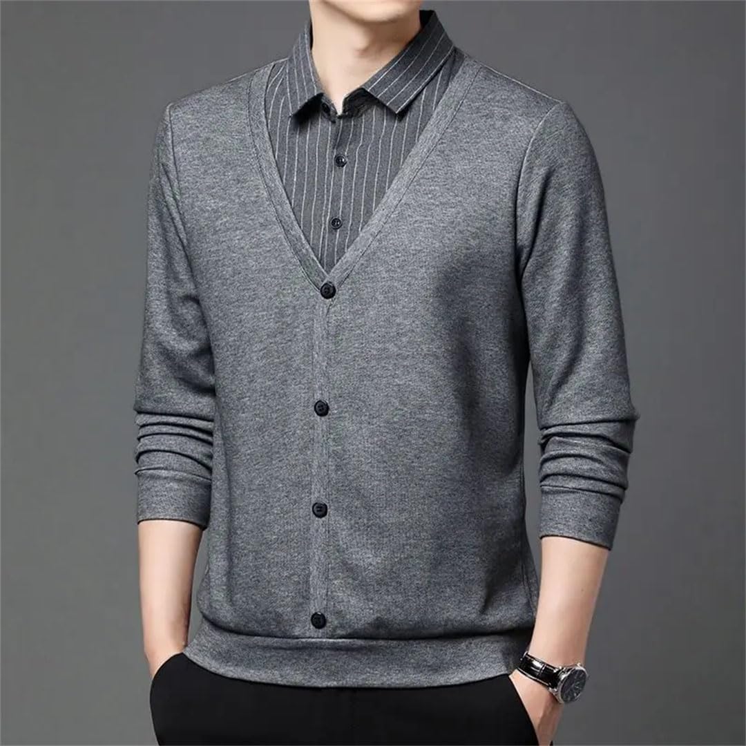 Camiseta formal de manga larga con botones y cuello vuelto para hombre, diseño de retazos a rayas, color contrastante, para negocios