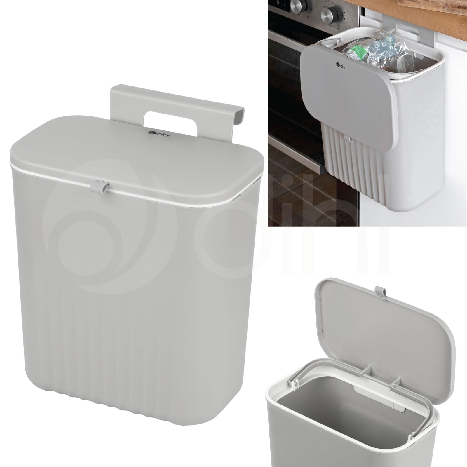 Dihl 9 Litre Hanging Trash Bin with Lid, Wall Mounted Garbage Can Kitchen Compost Bin, Plastic Rubbish Bin Wastebasket for Under Cupboard, Cabinet Door, Bedroom, Offices - Grey
