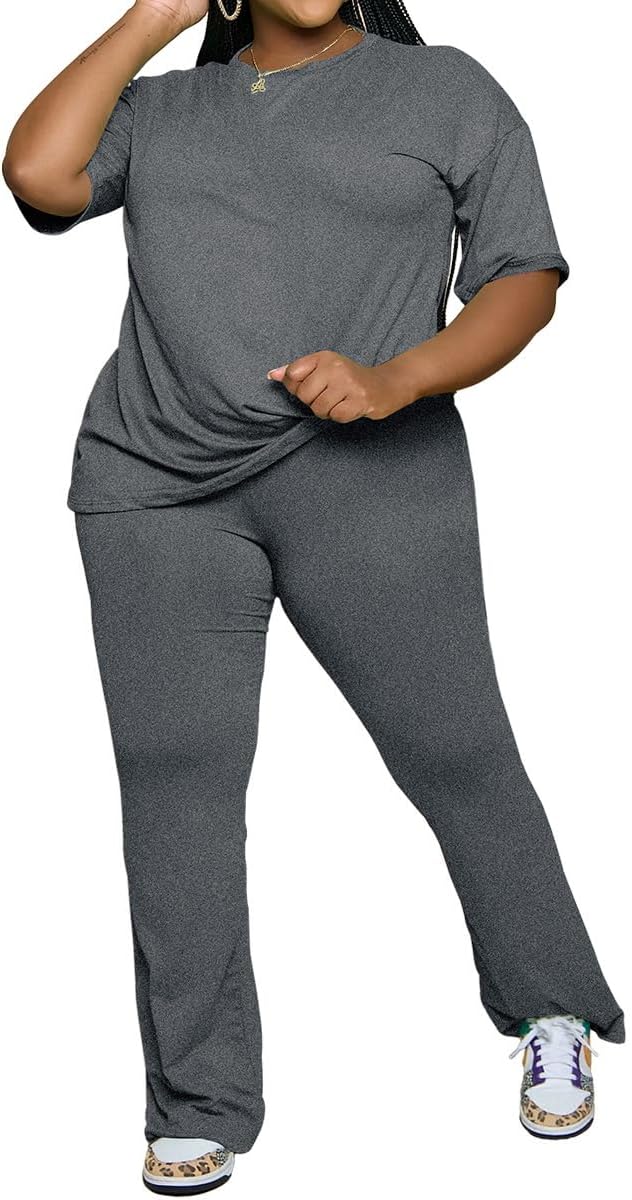 PINSV Womens Plus Size Sets 2 Piece Outfits Casual Short Sleeve Top and Flare Pants Tracksuit
