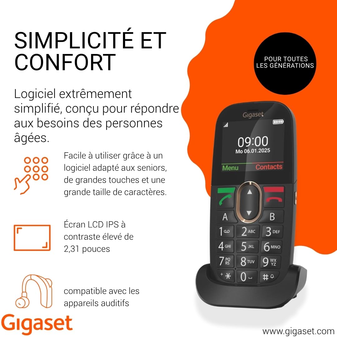 Gigaset GL695 téléphone Senior à Grandes Touches 4G Volte écran IPS 2,31" Batterie 1400 mAh Audio Boost Touche SOS Bluetooth 5.0 Noir