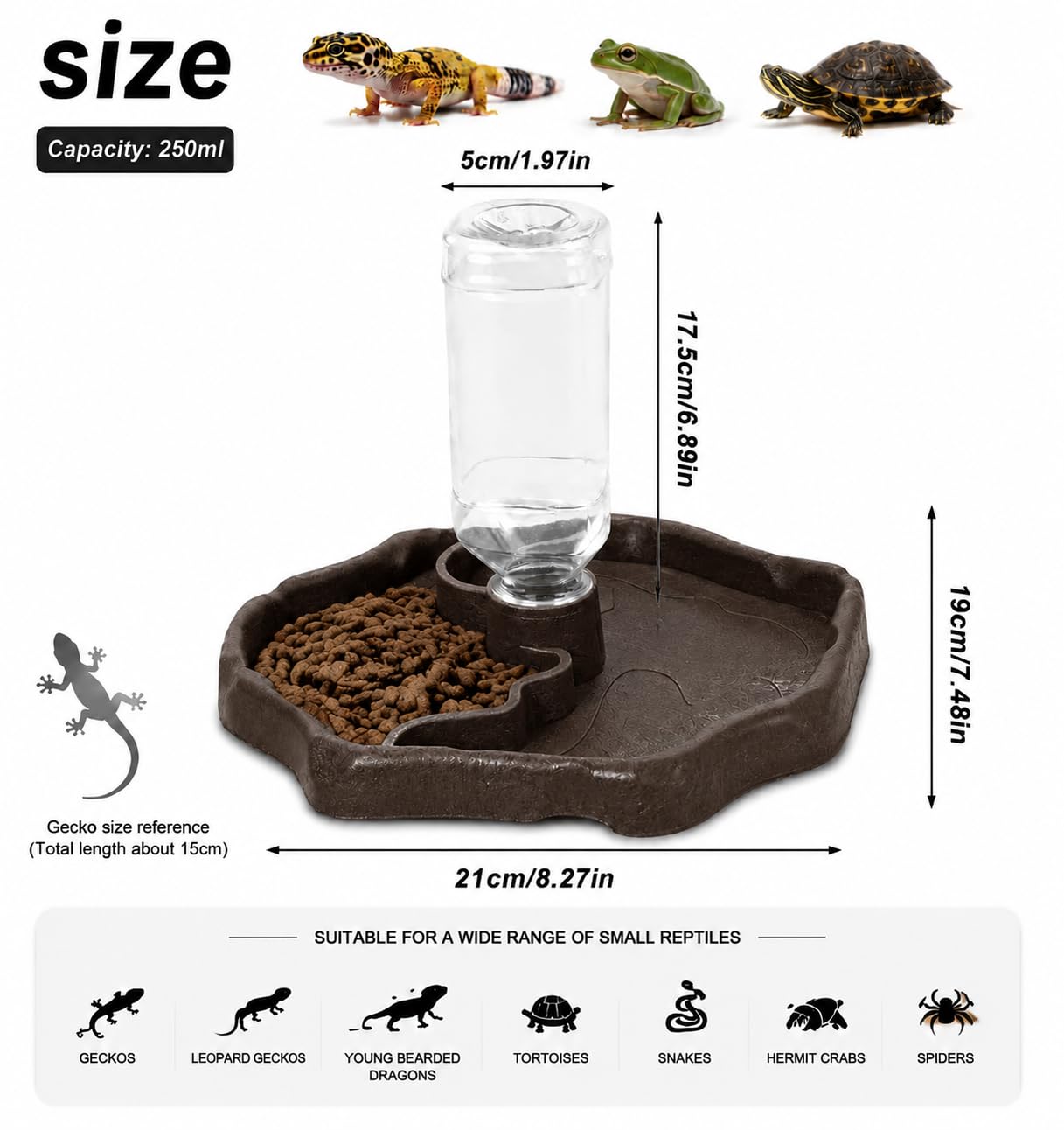 Futternapf für Schildkröten Tränke, ZoneYan Reptilien Wasserschale mit Flasche, Terrarium Wasserschale, Reptilien Wasserspender für Schildkröten, Geckos, Schlangen, Frösche (Schwarz,L)