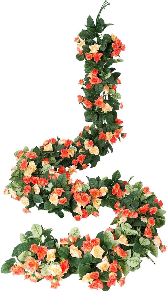 Luyue 2 Pack 15ft Artificial Rose Vine Flowers Garlands Decorations Floral Hanging Garden Craft Rose Ivy Plants for Wedding Arch Arrangement-Sunset Yellow