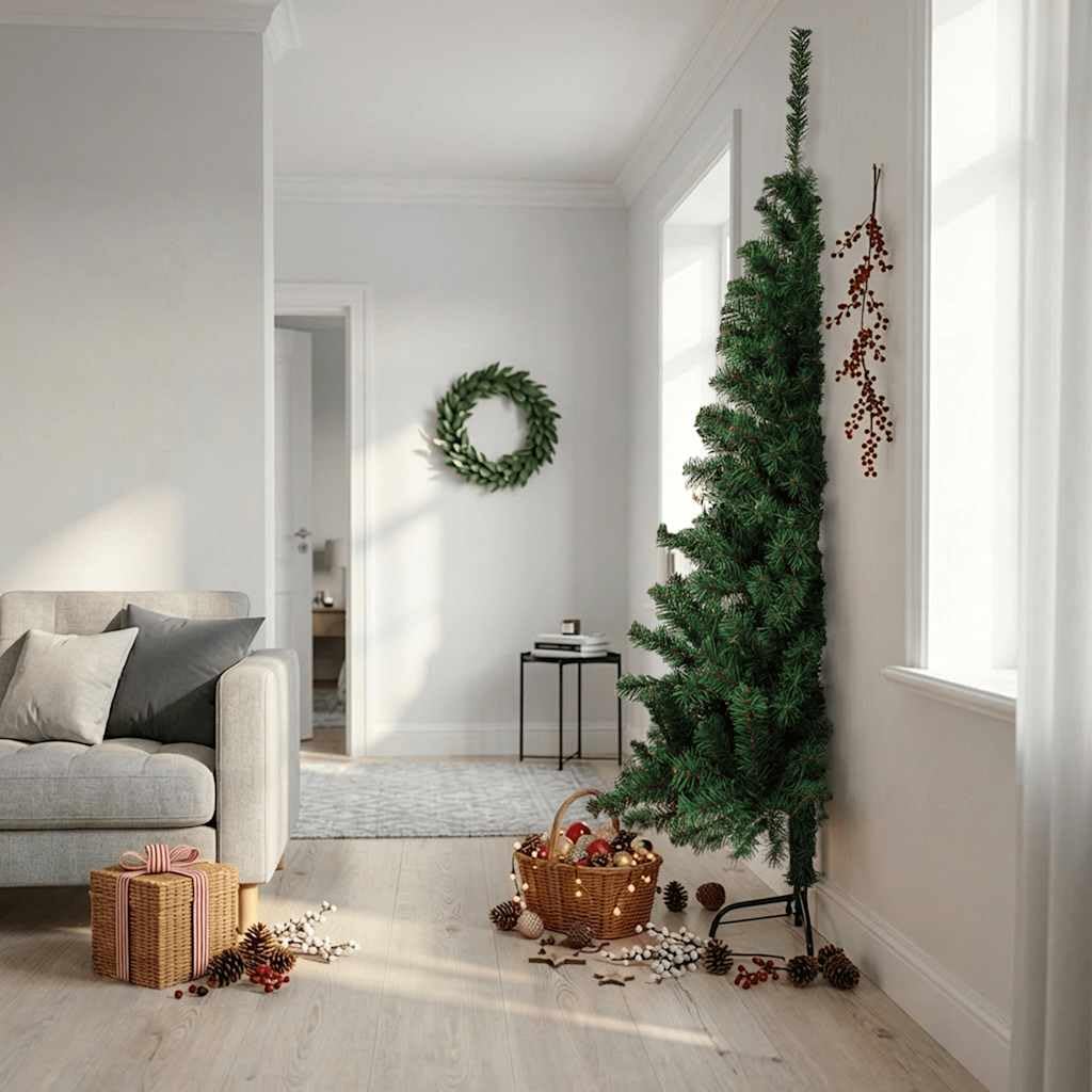 Árbol de Navidad artificial verde de 210 cm con soporte, de PVC, para pared, ahorra espacio, para interior y exterior
