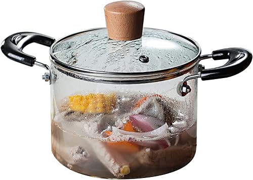 Cacerola de vidrio con tapa, resistente al calor, olla de cocina de vidrio de borosilicato de madera con doble asa, cristalería transparente para
