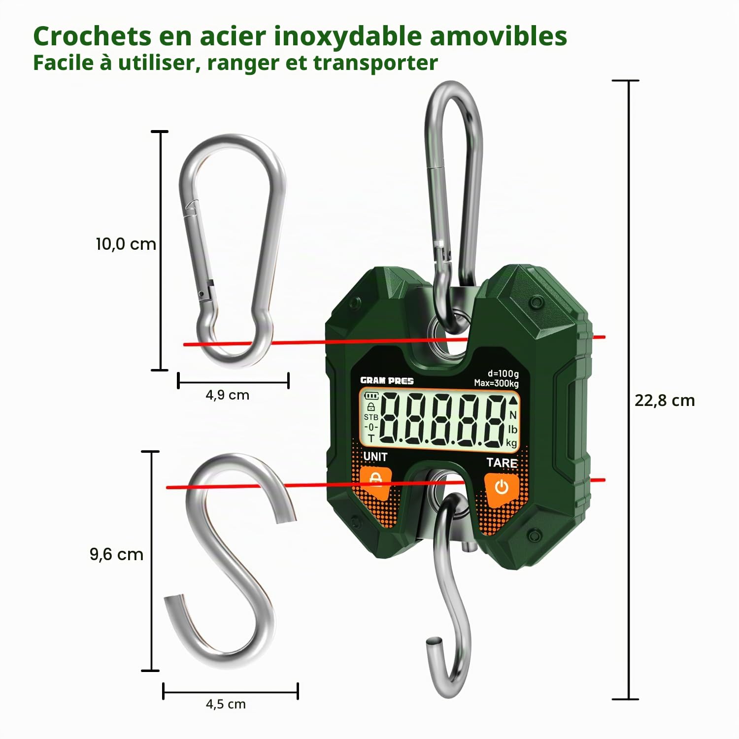 GRAM PRES Balance numérique suspendue 660 lb/300 kg, mini balance portable, balance de chasse au cerf, balance numérique avec crochet pour la ferme, le poisson, la viande, le gibier, l'extérieur