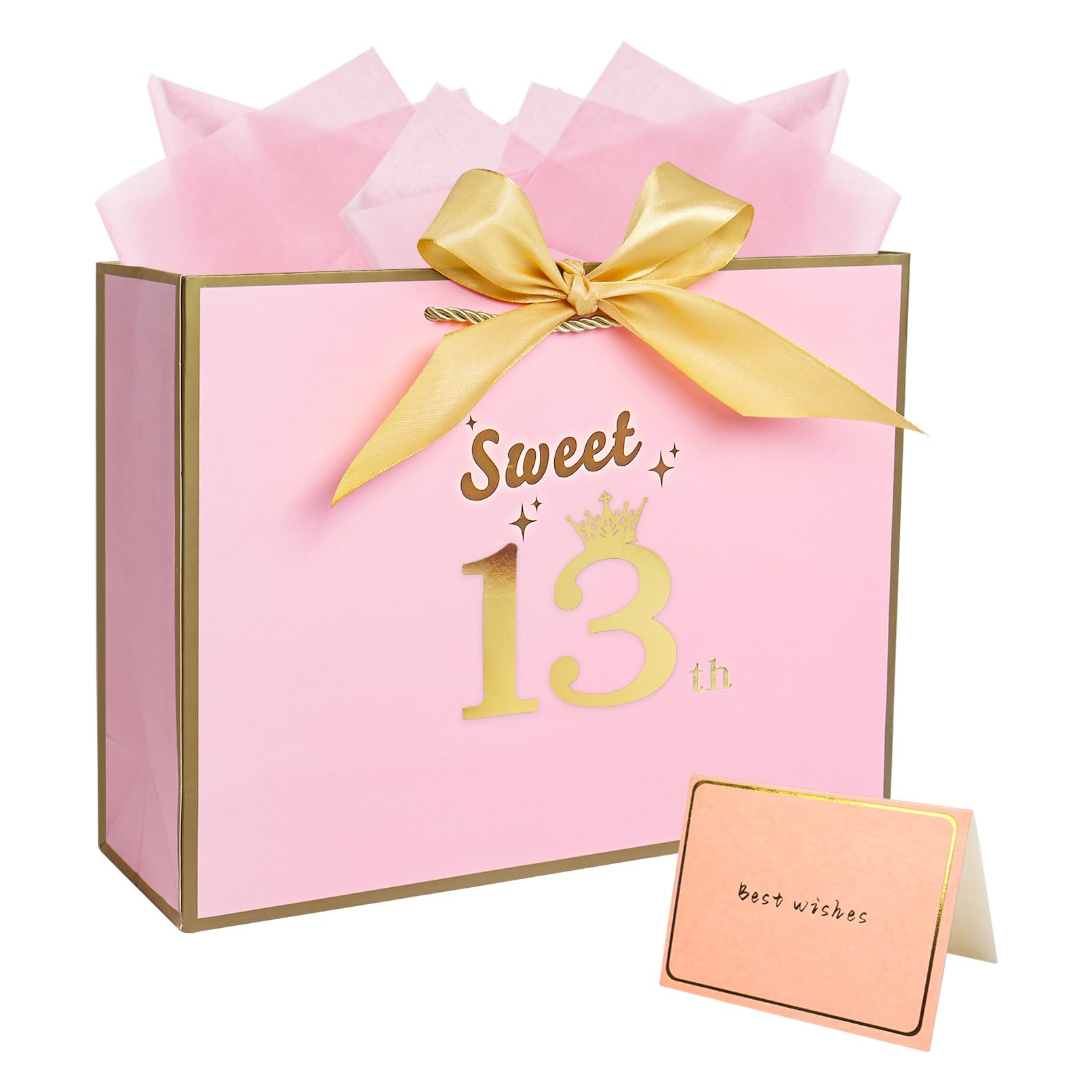 12.6” Large Sweet 13 Birthday Gift Bag 13th Paper Gift Bag for Presents(Pink)