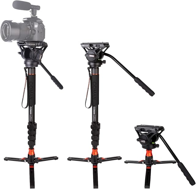 COMAN professional video monopod with swivel fluid head and tripod base for DSLR video cameras camcorders Maximum height 180 cm carrying weight 8 kg mini tripod