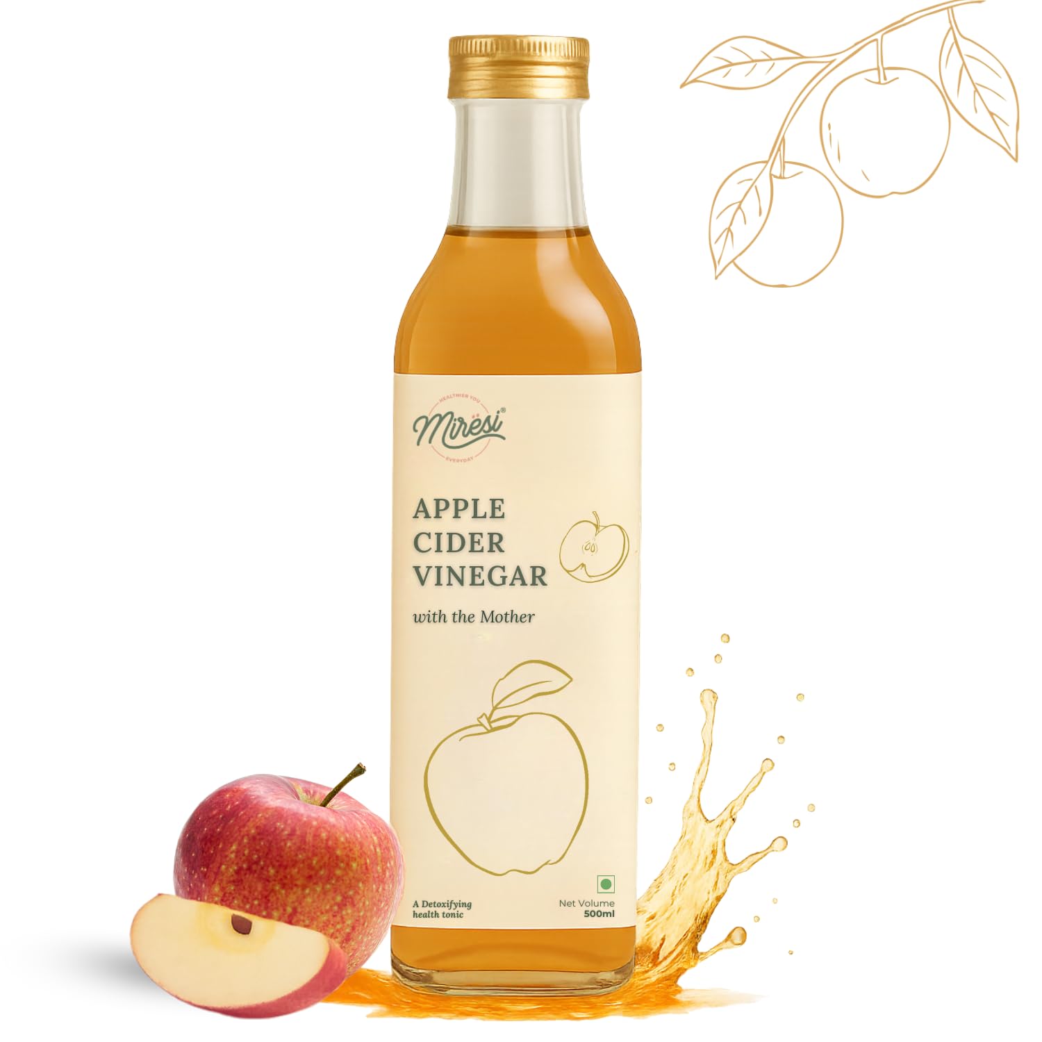 Apples Cider Vinegar with Mother (500 ml) | Apple Cider Vinegar with the Mother | Glass Bottle Packaging | With 2x Mother & Made with Himalayan Apples | Unfiltered & Unrefined | Supports Weight Loss | Promotes Skin Hydration