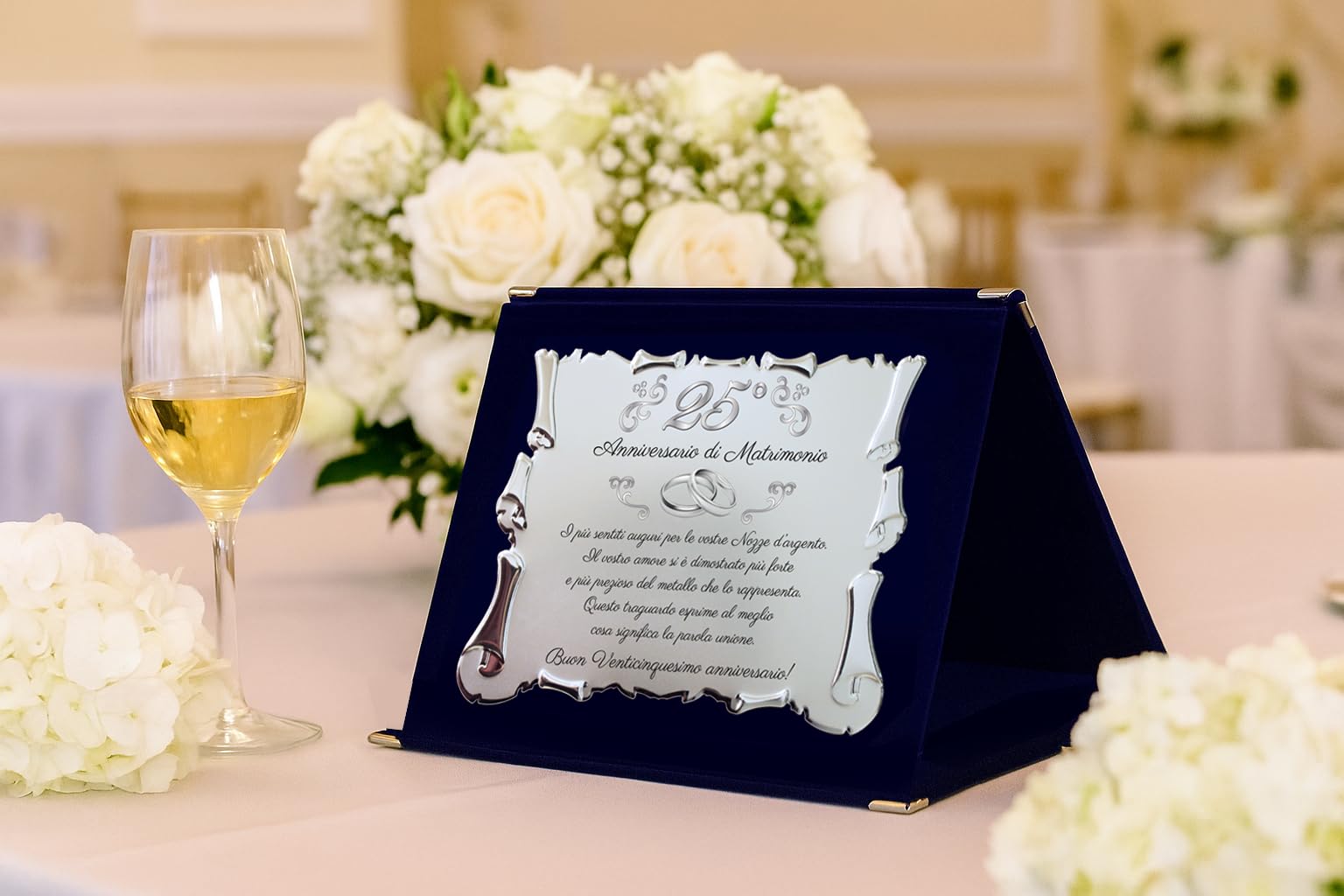 Targa per Venticinquesimo Anniversario di Matrimonio | Congratulazioni 25° Anniversario di Nozze | Regalo Nozze d'argento Pergamena su Cofanetto Blu