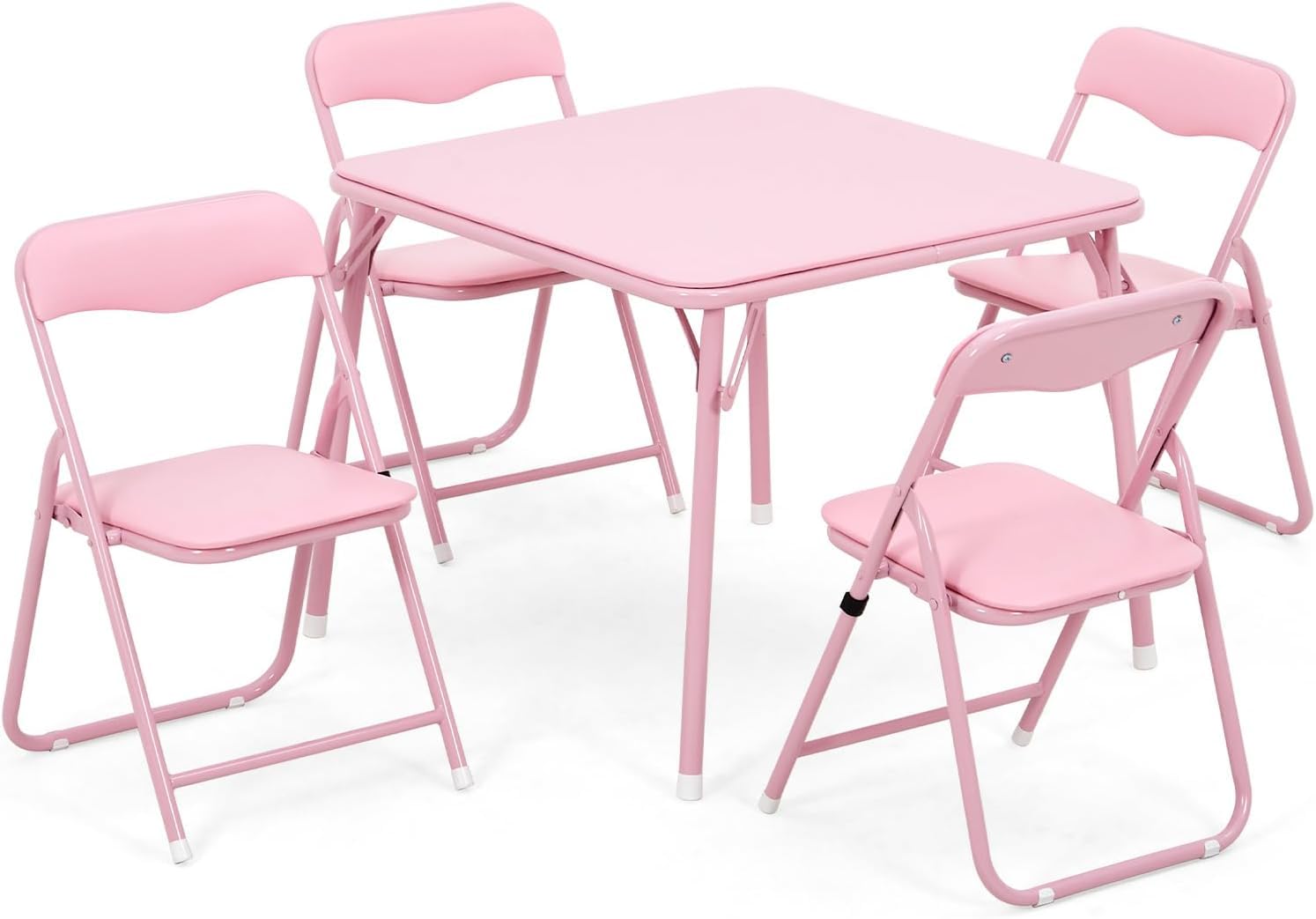 Zstar Conjunto de Mesa y Sillas Plegables para Niños, Mesa Infantil | con 4 Sillas Acolchadas de PU Marco de Acero Resistente, Ahorra Espacio, para Comedor, Sala de Juegos y Dormitorio, Rosa