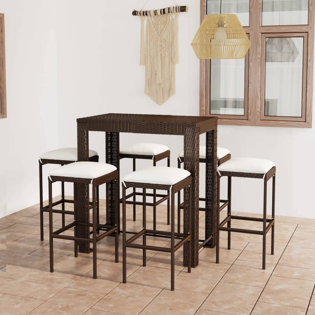 vidaXL Ensemble de Bar de Jardin 7 pcs avec Coussins Mobilier de Bistrot Ensemble de Salle à Manger d'Extérieur Salon de Jardin Résine Tressée Marron