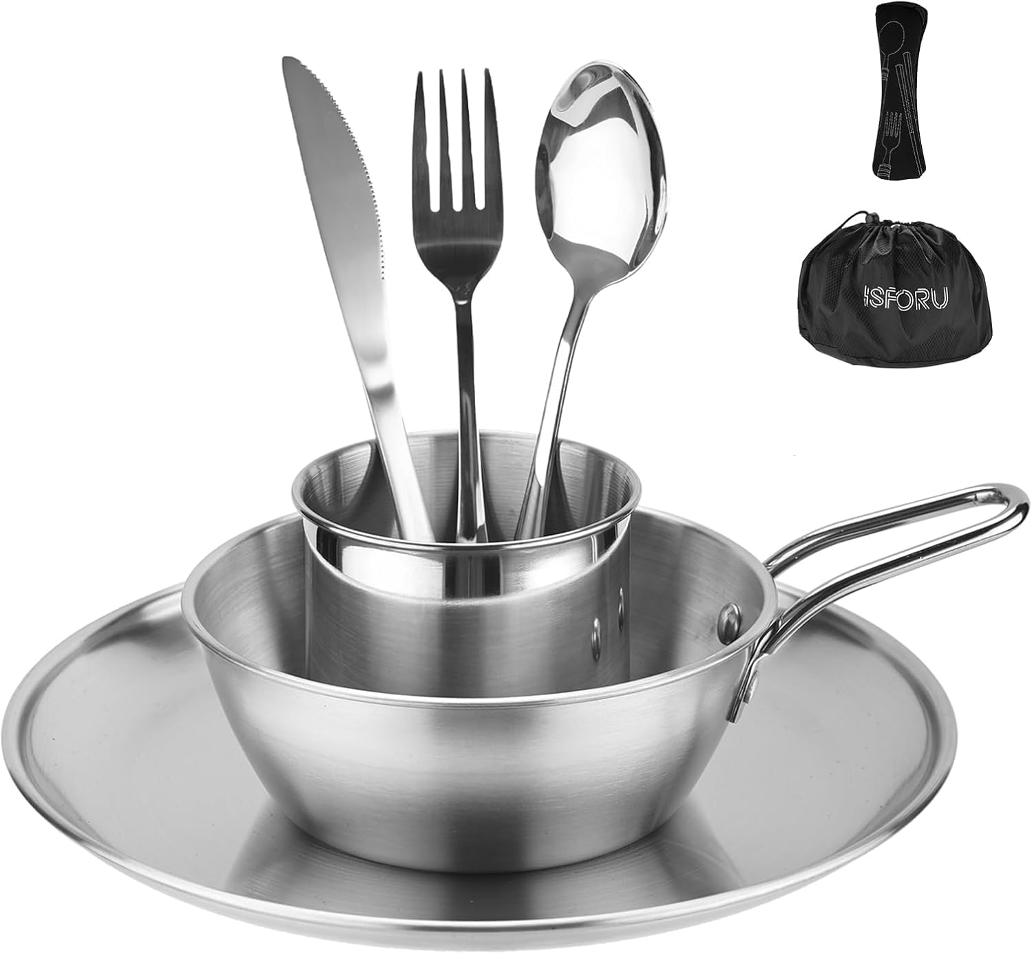 Camping Cutlery Set for 1,ISFORU Stainless Steel Portable Camping Plates and Bowls Set for Outdoor Hiking and Picnic