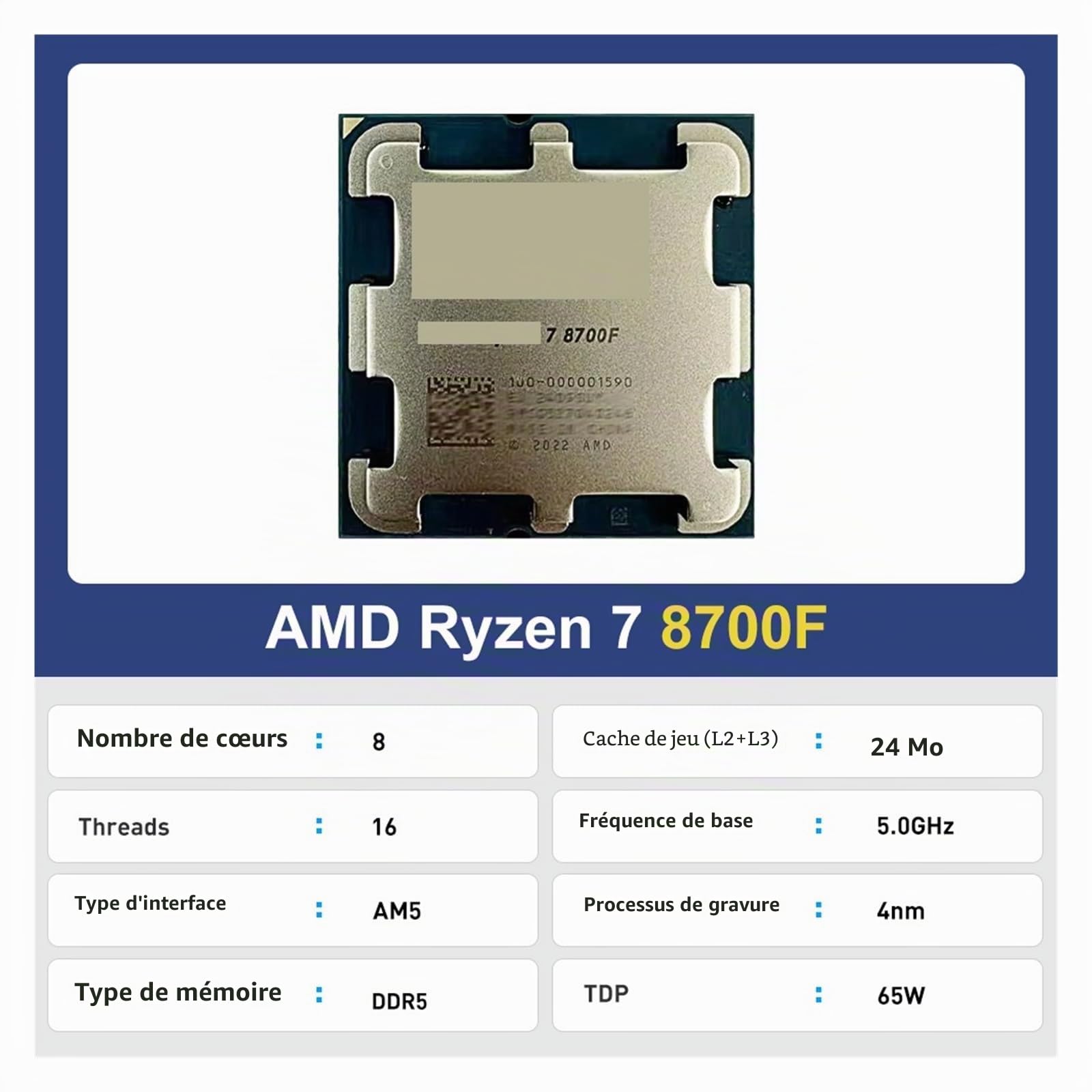 Ryzen 7 8700F Nouveau processeur R7 8700F 8 cœurs 16 Threads 5,0 GHz 4 nm DDR5 100-000001590 Socket AM5 TDP 65 mais sans Ventilateur for Ordinateur de Bureau