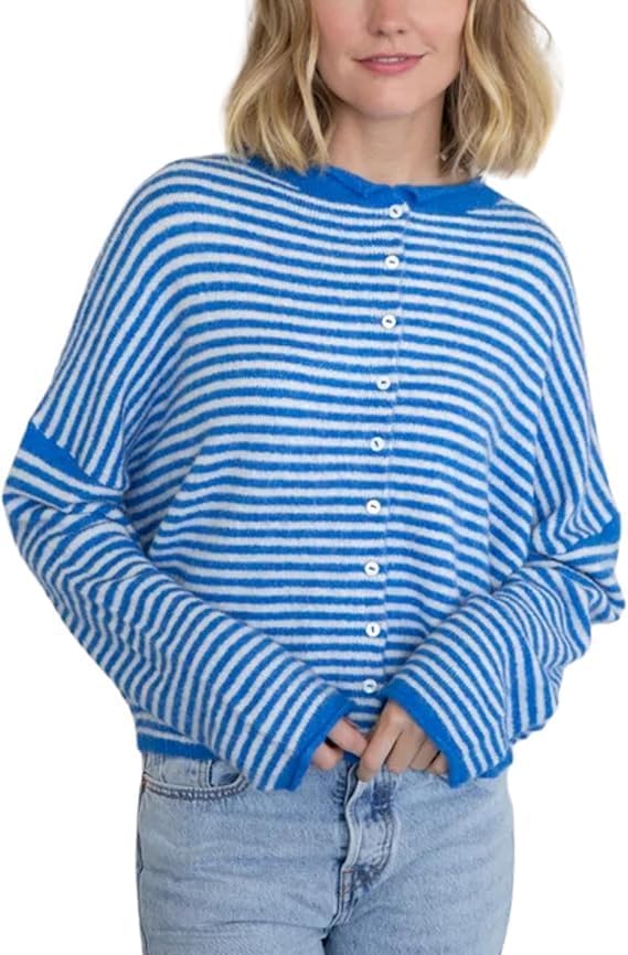 Esmeling Women Button Down Striped Cardigan Crew Neck Long Sleeves Sweater Open Front Knit Outerwear