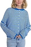Esmeling Women Button Down Striped Cardigan Crew Neck Long Sleeves Sweater Open Front Knit Outerwear(1037-Blue-L)