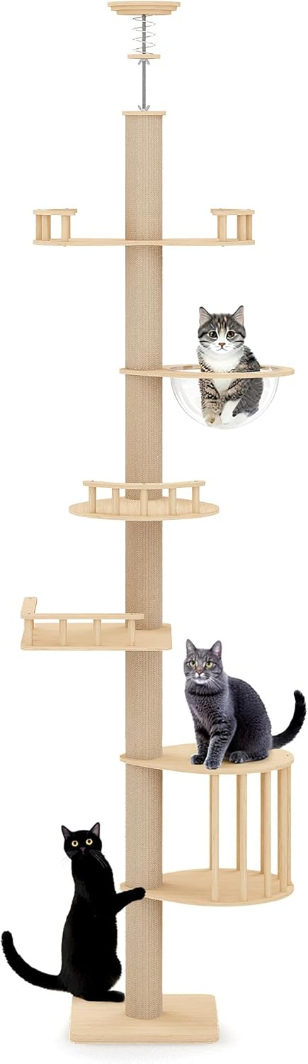 Floor to Ceiling Cat Tree Tower with Adjustable Height(98-106 Inches), Climbing Tower with Thickened Scratching Posts, Cats Activity Center with Cozy Hammock & Capsule