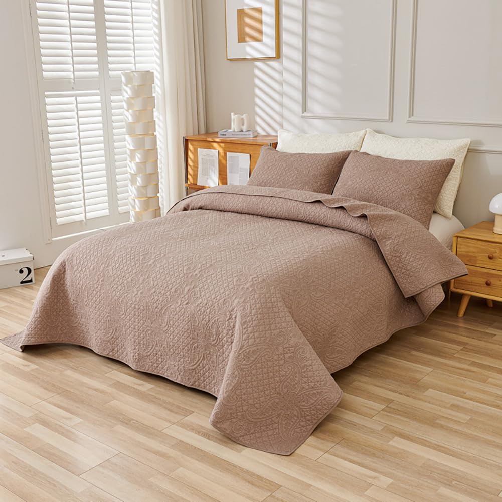 vctops Full/Queen Quilt Set 3 Piece Vintage Floral Embroidery Cotton Quilted Bedding Set Soft Lightweight Bedspread Coverlets for All Season,1 Quilt + 2 Pillow Shams (Beige,90"x98")